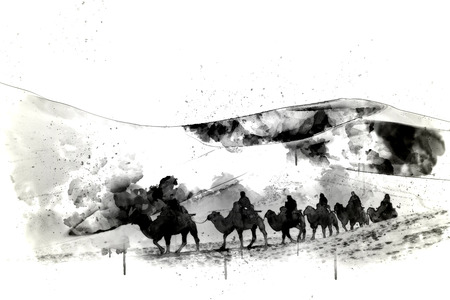 Camels in the desert  watercolor painting on white background with splash of ink, digital illustrationの写真素材