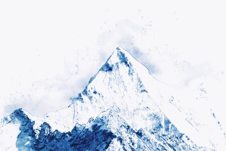 Mountain peak in winter paining in blue tone on white background,  digital watercolor painting  の写真素材