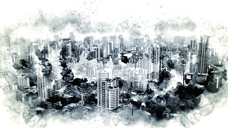 Monotone cityscape watercolor painting on white background with splash of ink, digital illustrationの写真素材