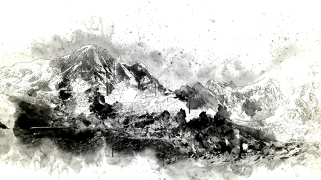 Abstract mountain range in monotone, digital watercolor painting  の写真素材