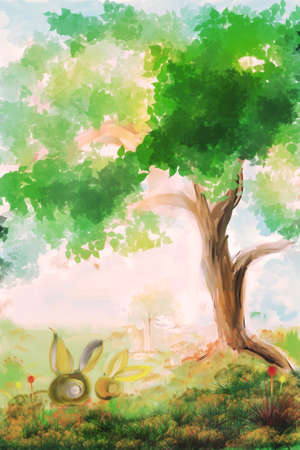 Rabbits sit under the tree in spring season, digital paintingの写真素材