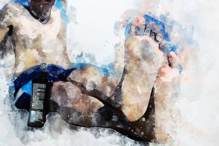 Man sitting on beach with bottle of sunscreen lotion,  digital watercolor painting の写真素材