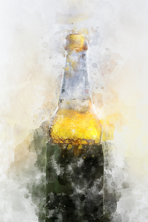 Abstract bottle of beer on white paper texture background, digital watercolor painting の写真素材