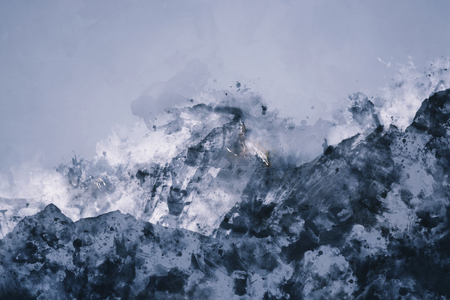 Abstract mountain range in monotone, digital watercolor painting の写真素材