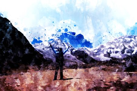 Man standing on the rock and blue sky background, digital watercolor imageの写真素材