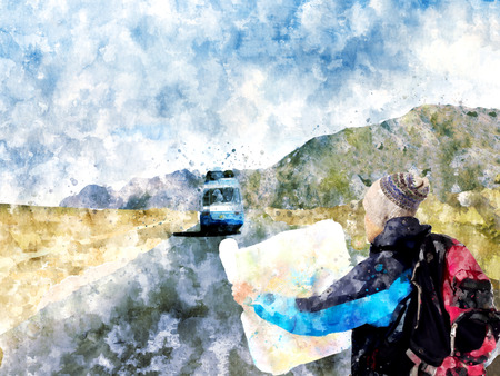 Watercolor image of Traveller looking at map on the road with only one bus.の写真素材