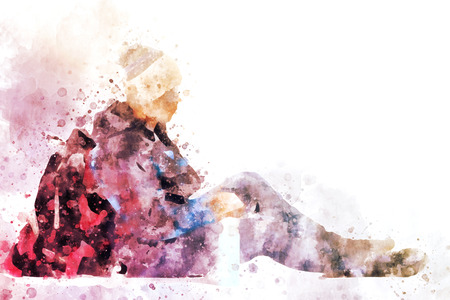 Traveller sitting with backpack, digital watercolor painting in red の写真素材