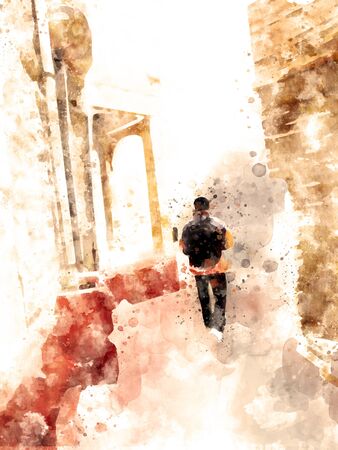 Man walking in old town, digital illustrationの写真素材