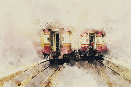 Vintage image of trains on railway watercolor paintingの写真素材