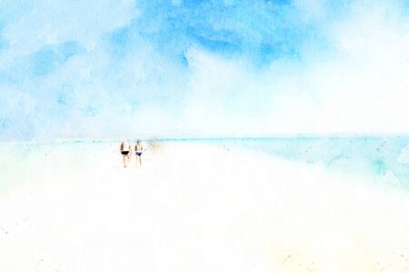 Sea and sand beach in summer watercolor painting, digital illustration paintingの写真素材