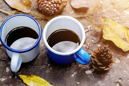 Blue and white cups of coffee on ground, pine cones with leaves beside mugs, sunlight shining on a part, warm tone photoの写真素材