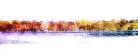 Abstract painting of colorful forest with yellow leaves in autumnの写真素材