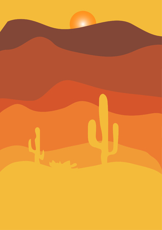 Sand dune in desert with cactus at sunset illustration, warm colors imageのイラスト素材