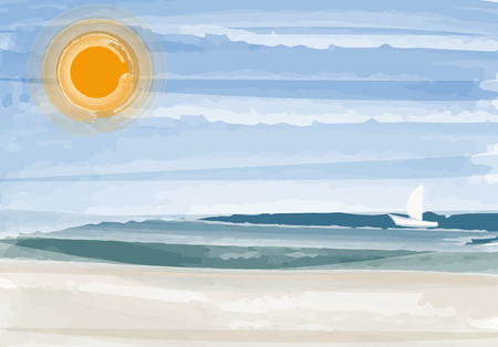 Seascape painting with sunset and beach, vector illustration のイラスト素材