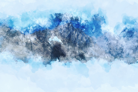 Blue shades image of Mountain. Digital watercolor painting on white background.の写真素材
