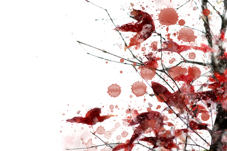 Abstract illustration of trees in autumn with watercolor drops. Read leaves in fall season.の写真素材