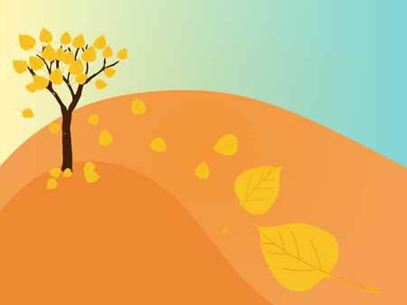 Autumn tree with falling leaves on hill, vector illustrationのイラスト素材