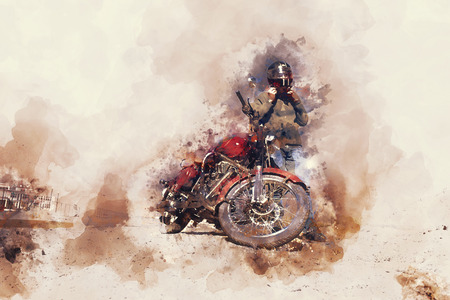 Biker standing beside motorcycle, digital watercolor illustration in hot toneの写真素材