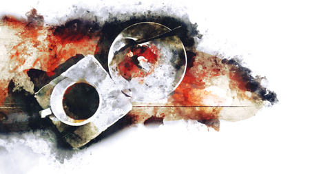 Cup of coffee and cake painting in hot tone, digital watercolor paintingの写真素材