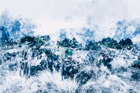 Abstract painting of forest in blue tone, Digital watercolor paintingの写真素材