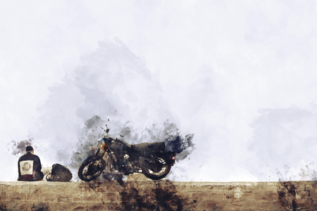 Abstract painting of motorcycle with young person in vintage tone, digital watercolor paintingの写真素材