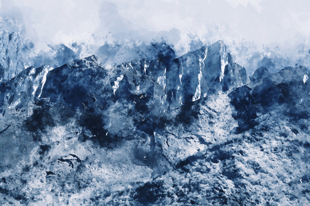 Abstract painting of mountain ranges in blue tone, Digital watercolor paintingの写真素材