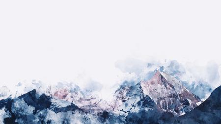 Mountain range in winter paining in blue tone on white background,  digital watercolor paintingの写真素材