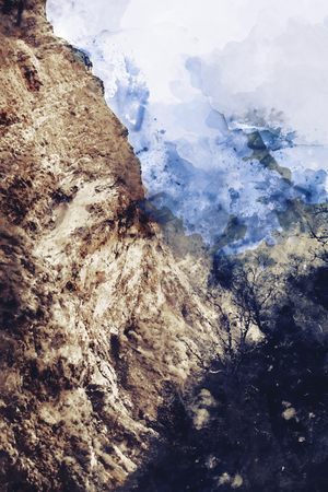 Abstract painting of mountain peaks in blue and brown tone, Digital watercolor paintingの写真素材