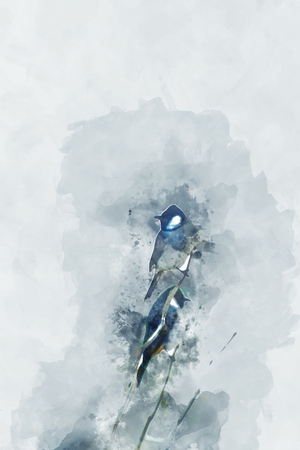 Abstract painting of birds in cool tone, digital watercolor paintingの写真素材