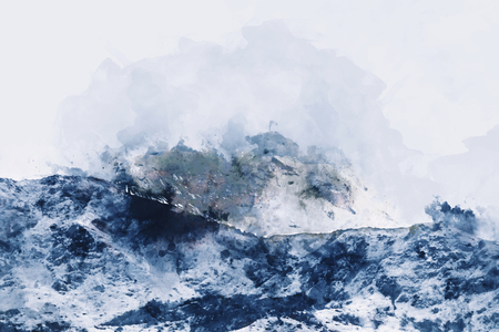 Abstract painting of mountain ranges in blue tone, Digital watercolor paintingの写真素材