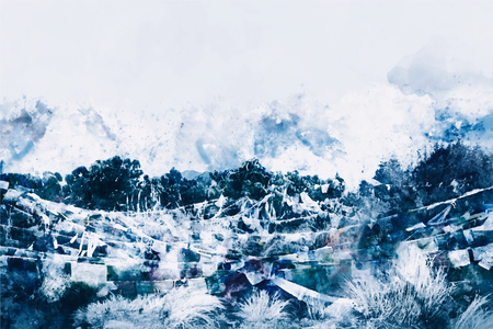 Abstract painting of mountains in blue tone, Digital watercolor paintingの写真素材