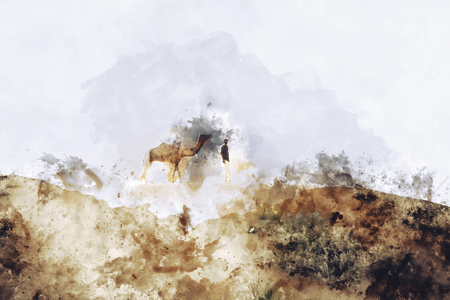 Abstract painting of camel indesert in vintage tone, digital watercolor paintingの写真素材