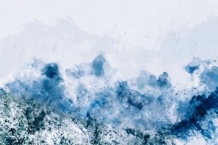 Abstract painting of mountains in blue tone, Digital watercolor paintingの写真素材