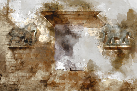 Abstract painting of doors in sepia tone, digital watercolor paintingの写真素材