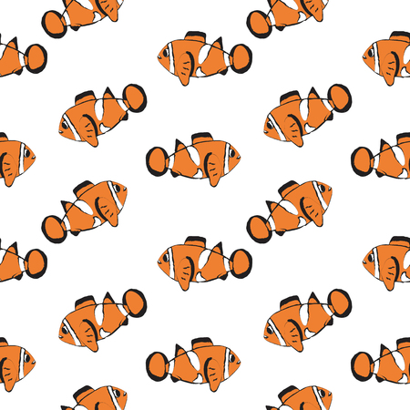 Clownfish drawing seamless pattern. Vector background in black and white.のイラスト素材