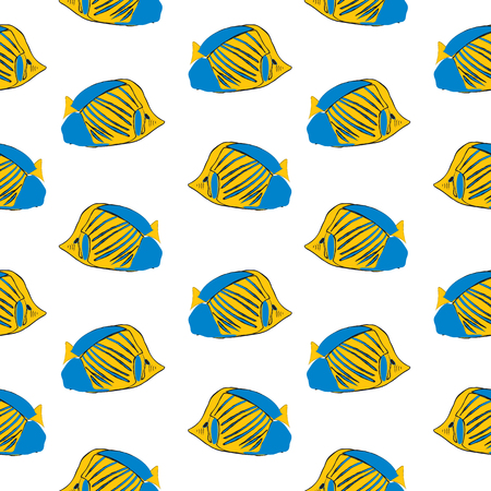 Sea fish drawing with ink on white background, summer seamless pattern backgroundのイラスト素材