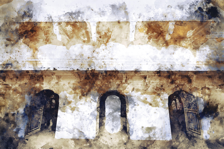 Abstract painting of old palace with doors in warm tone, digital watercolor paintingの写真素材