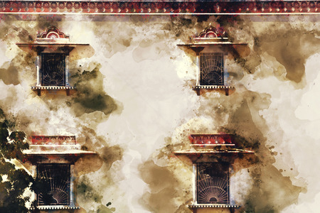 Watercolor abstract painting of wall with windows in brownの写真素材