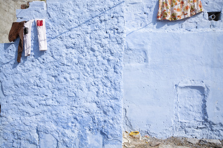 Blue wall of house in Jodhpur city, Rajasthan State, Indiaの写真素材