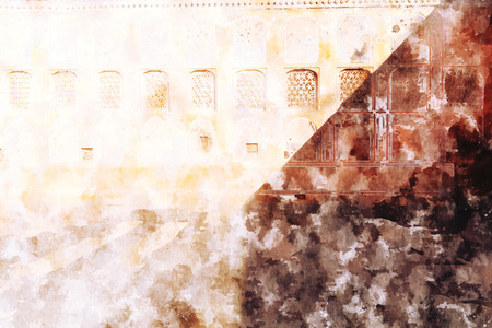 Watercolor abstract painting of wall with windows in brownの写真素材