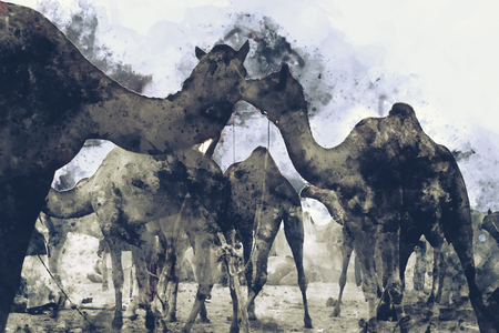Abstract painting of camels in vintage tone, digital watercolor paintingの写真素材