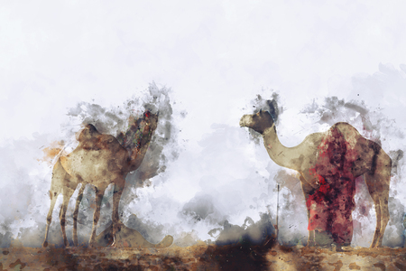 Abstract painting of camels in vintage tone, digital watercolor paintingの写真素材