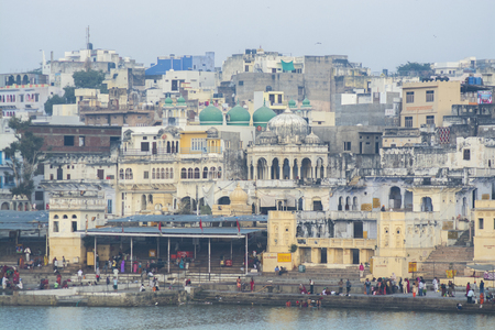 Pushkar, Rajasthan State, India - November 17, 2018: Pushkar Lake with city background on November...