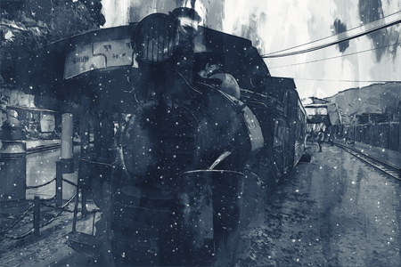 Abstract painting of vintage train, digital paintingの写真素材