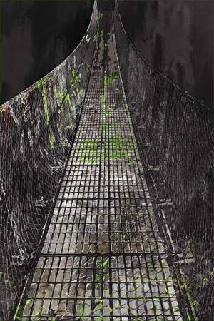 Digital painting of rope bridge in valleyの写真素材