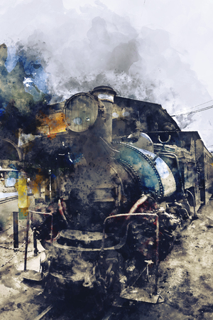 Abstract watercolor painting of vintage train, digital watercolor paintingの写真素材