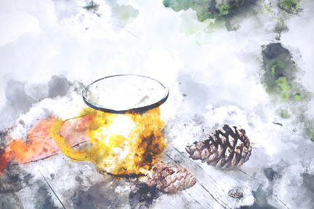 Abstract watercolor painting of yellow mug and pine cones, digital watercolor paintingの写真素材
