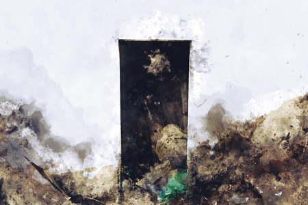 Watercolor abstract painting of door, digital painting of scary backgroundの写真素材