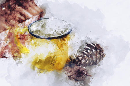Abstract watercolor painting of yellow mug and pine cones, digital watercolor paintingの写真素材