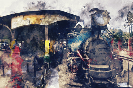 Abstract watercolor painting of vintage train, digital watercolor paintingの写真素材